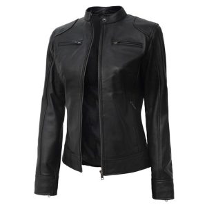 Womens Real Slim Fit Cafe Racer Black Leather Jacket