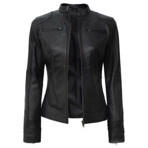 Womens Slim Fit Cafe Racer Black Genuine Leather Jacket