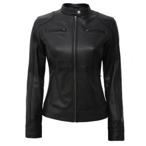 Womens Slim Fit Cafe Racer Black Leather Jacket