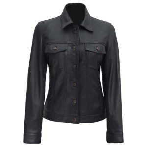 Womens Trucker Denim Style Leather Shirt