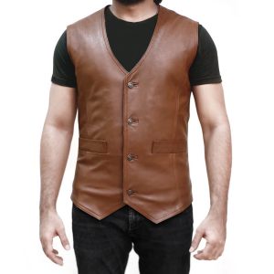 Mens Casual Traditional Brown Leather Waistcoat