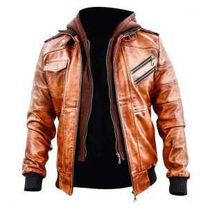 Mens American Hooded Leather Jacket with Detachable Hood