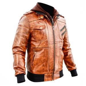 Mens American Leather Jacket with Detachable Hood