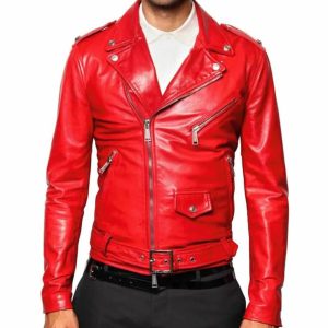 Mens Belted Style Red Leather Motorcycle Jacket