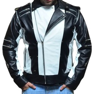 Mens Bike Rider White and Black Leather Jacket