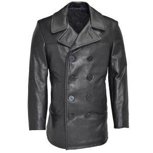 Mens Casual Wear Black Leather Dr Who Peacoat