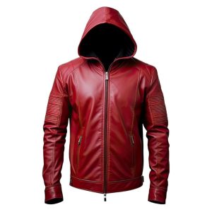 Mens Zip Up Red Leather Hooded Slim Fit Jacket