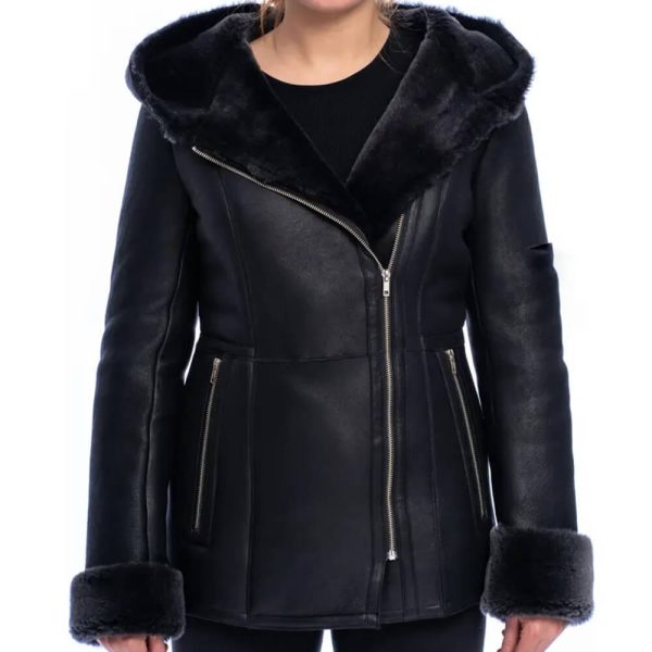 Women Sheepskin Coat With Detachable Fur Hood