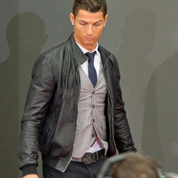 Cristiano Ronaldo Black Leather Bomber Jacket