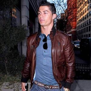 Cristiano Ronaldo Brown Leather Bomber Jacket