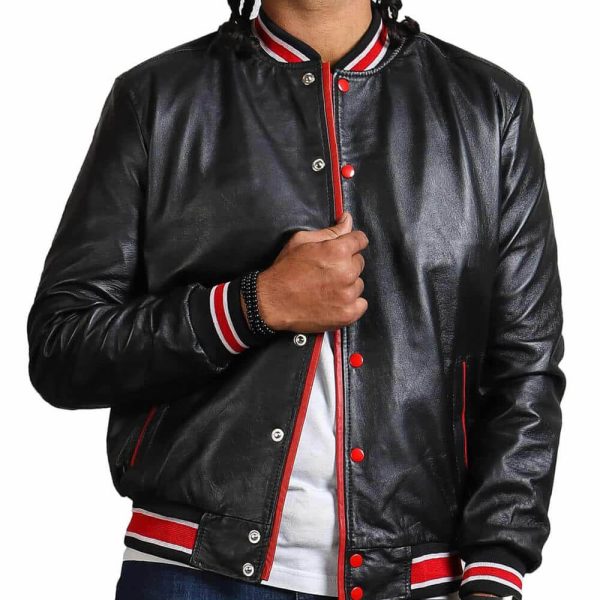 Mens Black Bomber Varsity Leather Jacket