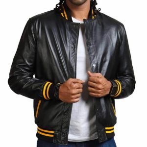 Mens Black Bomber Yellow Striped Leather Jacket