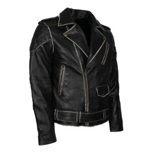 Mens Black Distressed Leather Biker Jacket
