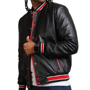 Mens Bomber Black Varsity Leather Jacket