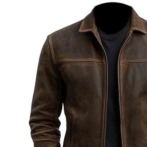 Mens Cafe Racer Zipper Distressed Leather Jacket